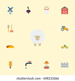 Flat Icons Storehouse, Grain, Grower And Other Vector Elements. Set Of Agricultural Flat Icons Symbols Also Includes Pail, Tool Objects.