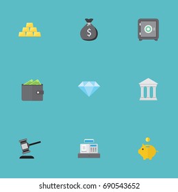 Flat Icons Strongbox, Bank, Verdict And Other Vector Elements. Set Of Banking Flat Icons Symbols Also Includes Safe, Purse, Savings Objects.