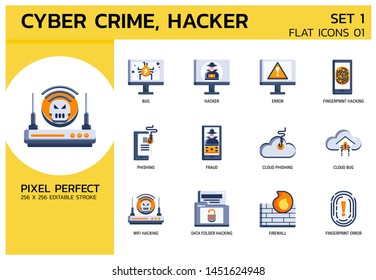 Flat Icons Style. Hacker Cyber crime attack for web design, ui, ux, mobile web, ads, magazine, book, poster. Vector 256x256 Pixel Perfect Editable stroke.