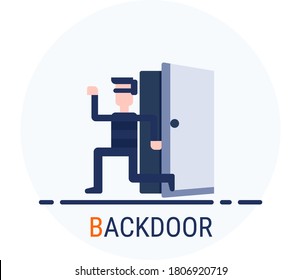 Estilo Iconos Planos. Ataque contra el crimen cibernético hacker puerta trasera para diseño web. Vector Pixel Perfect 