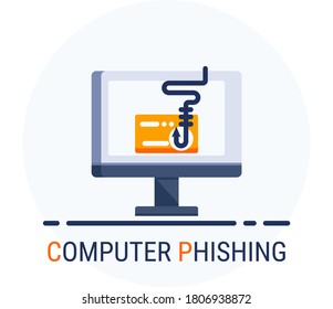 Flat Icons Style. Hacker Cyber crime attack Computer Phishing for web design. Vector Pixel Perfect