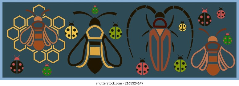 Flat icons of stylized insects on a dark background, Flat style, objects, bee, hornet, ladybug, barbel beetle, Vector illustration