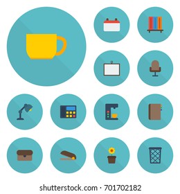 Flat Icons Suitcase, Espresso Machine, Armchair And Other Vector Elements. Set Of Workspace Flat Icons Symbols Also Includes Houseplant, Tea, Cup Objects.