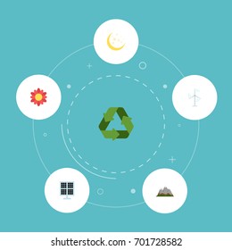 Flat Icons Sun Power, Electric Mill, Landscape Vector Elements. Set Of Green Flat Icons Symbols Also Includes Landscape, Mountains, Solar Objects.