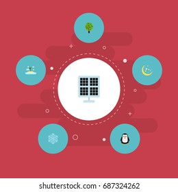 Flat Icons Sun Power, Isle Beach, Emperor And Other Vector Elements. Set Of Eco Flat Icons Symbols Also Includes Penguin, Emperor, Winter Objects.