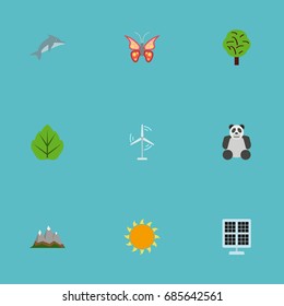 Flat Icons Sun Power, Landscape, Bear Vector Elements. Set Of Green Flat Icons Symbols Also Includes Nature, Butterfly, Fish Objects.