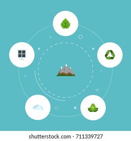 Flat Icons Sun Power, Landscape, Foliage Vector Elements. Set Of Nature Flat Icons Symbols Also Includes Reuse, Mountains, Foliage Objects.