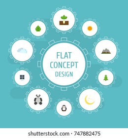 Flat Icons Sun Power, Landscape, Bear Vector Elements. Set Of Eco Flat Icons Symbols Also Includes Panda, Polar, Spruce Objects.