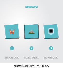 Flat Icons Sun Power, Landscape, Beauty Insect Vector Elements. Set Of Nature Flat Icons Symbols Also Includes Moth, Mountains, Peak Objects.
