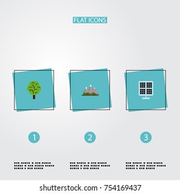 Flat Icons Sun Power, Landscape, Wood Vector Elements. Set Of Nature Flat Icons Symbols Also Includes Landscape, Nature, Photocell Objects.