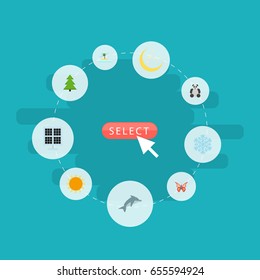 Flat Icons Sun Power, Playful Fish, Isle Beach And Other Vector Elements. Set Of Nature Flat Icons Symbols Also Includes Solar, Panel, Panda Objects.