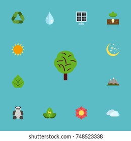 Flat Icons Sun Power, Water, Sky And Other Vector Elements. Set Of Green Flat Icons Symbols Also Includes Peak, Sun, Leaf Objects.