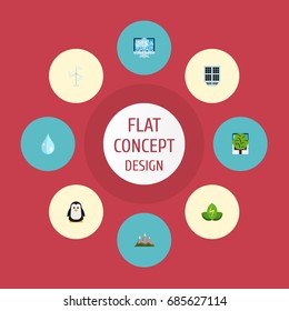Flat Icons Sun Power, Winter Snow, Electric Mill And Other Vector Elements. Set Of Eco Flat Icons Symbols Also Includes Snowflake, Nature, Tree Objects.