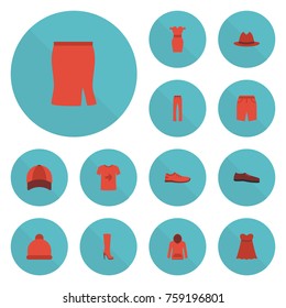 Flat Icons Sundress, Man Footwear, Sweatshirt And Other Vector Elements. Set Of Garment Flat Icons Symbols Also Includes Beanie, Swimming, Man Objects.