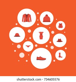 Flat Icons Sundress, Waistcoat, Fedora And Other Vector Elements. Set Of Garment Flat Icons Symbols Also Includes Underwear, Vest, Pompom Objects.