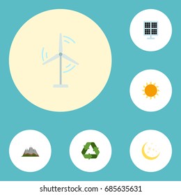Flat Icons Sunshine, Electric Mill, Night And Other Vector Elements. Set Of Environment Flat Icons Symbols Also Includes Solar, Mill, Night Objects.