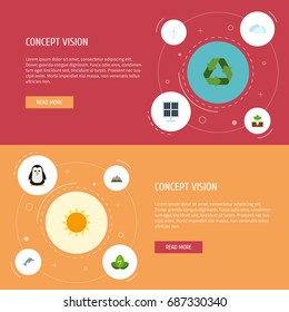 Flat Icons Sunshine, Sun Power, Electric Mill And Other Vector Elements. Set Of Nature Flat Icons Symbols Also Includes Playful, Sunshine, Overcast Objects.