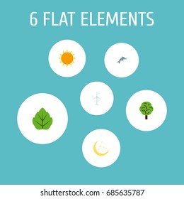 Flat Icons Sunshine, Wood, Night And Other Vector Elements. Set Of Environment Flat Icons Symbols Also Includes Wood, Sunny, Nature Objects.