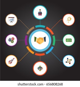 Flat Icons Support, Cash, Discussion And Other Vector Elements. Set Of Startup Flat Icons Symbols Also Includes Company, Leader, Rocket Objects.