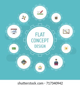 Flat Icons Support, Discussion, Design And Other Vector Elements. Set Of Idea Flat Icons Symbols Also Includes Break, Joint, Crowdfunding Objects.