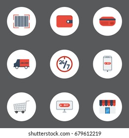 Flat Icons Support, Purchase, Qr And Other Vector Elements. Set Of Shopping Flat Icons Symbols Also Includes Store, Laptop, Bar Objects.