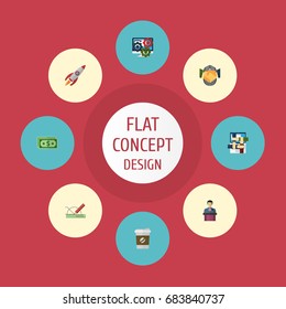 Flat Icons Support, Rocket, Gear And Other Vector Elements. Set Of Projects Flat Icons Symbols Also Includes Break, Leader, Group Objects.