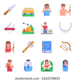Flat Icons of Survival and Primitive Items 
