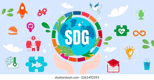 Flat icons of sustainable development goals by united nations. SDG signs on blue background. Global social targets to save planet, improve life and solve social problems in the world.