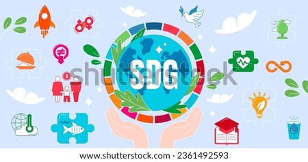 Flat icons of sustainable development goals by united nations. SDG signs on blue background. Global social targets to save planet, improve life and solve social problems in the world.