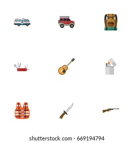 Flat Icons Suv, Cigarette, Weapon And Other Vector Elements. Set Of Camping Flat Icons Symbols Also Includes Penknife, Life, Vest Objects.