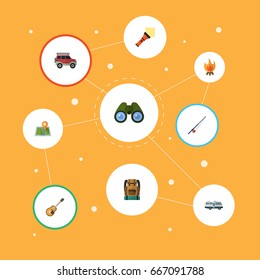 Flat Icons Suv, Location, Caravan And Other Vector Elements. Set Of Encampment Flat Icons Symbols Also Includes Binoculars, Bag, Fire Objects.