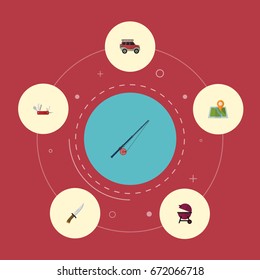 Flat Icons Suv, Penknife, Location And Other Vector Elements. Set Of Camping Flat Icons Symbols Also Includes Fish, Bbq, Map Objects.