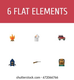 Flat Icons Suv, Ship, Cigarette And Other Vector Elements. Set Of Camp Flat Icons Symbols Also Includes Flammable, Van, Car Objects.