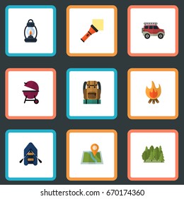 Flat Icons Suv, Ship, Lighter And Other Vector Elements. Set Of Encampment Flat Icons Symbols Also Includes Car, Ship, Backpack Objects.