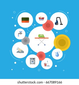 Flat Icons Sweeper, Aqua, Wisp And Other Vector Elements. Set Of Cleaning Flat Icons Symbols Also Includes Towel, Cleaner, Wiping Objects.
