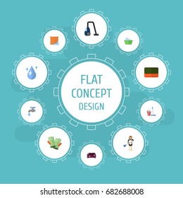 Flat Icons Sweeper, Aqua, Wisp And Other Vector Elements. Set Of Hygiene Flat Icons Symbols Also Includes Mopping, Sponge, Drop Objects.