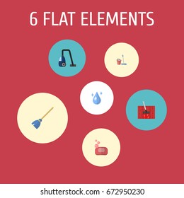 Flat Icons Sweeper, Besom, Mopping And Other Vector Elements. Set Of Hygiene Flat Icons Symbols Also Includes Soap, Vacuum, Drop Objects.