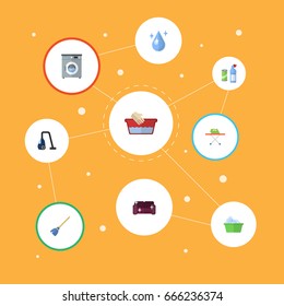 Flat Icons Sweeper, Clothes Washing, Besom And Other Vector Elements. Set Of Hygiene Flat Icons Symbols Also Includes Laundry, Cleaner, Board Objects.