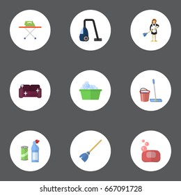 Flat Icons Sweeper, Housewife, Laundry And Other Vector Elements. Set Of Cleaning Flat Icons Symbols Also Includes Laundry, Soap, Furniture Objects.