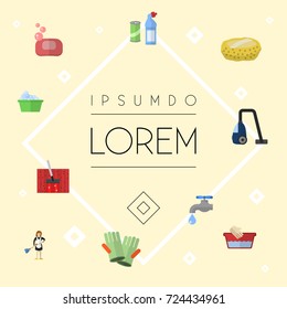 Flat Icons Sweeper, Laundry, Gauntlet And Other Vector Elements. Set Of Hygiene Flat Icons Symbols Also Includes Sponge, Gloves, Gauntlet Objects.