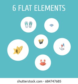Flat Icons Swimming, Conch, Fly And Other Vector Elements. Set Of Summer Flat Icons Symbols Also Includes Flippers, Slippers, Toy Objects.