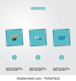 Flat Icons Swimming, Hat, Sea And Other Vector Elements. Set Of Summer Flat Icons Symbols Also Includes Cap, Hat, Waves Objects.
