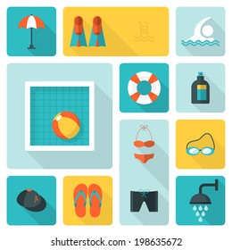 Flat icons for swimming pool activity with long shadow