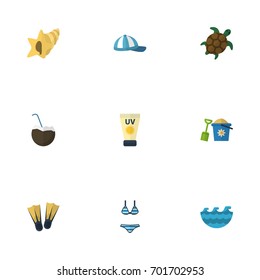 Flat Icons Swimming, Sea, Tortoise And Other Vector Elements. Set Of Season Flat Icons Symbols Also Includes Cream, Sea, Shell Objects.