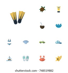Flat Icons Swimming, Shell, Anti-Sun Cream And Other Vector Elements. Set Of Beach Flat Icons Symbols Also Includes Lobster, Cream, Waves Objects.