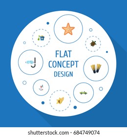 Flat Icons Swimming, Shovel, Shell And Other Vector Elements. Set Of Beach Flat Icons Symbols Also Includes Kite, Swimming, Mask Objects.