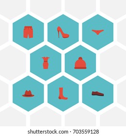 Flat Icons Swimming Trunk, Hosiery, Man Footwear And Other Vector Elements. Set Of Dress Flat Icons Symbols Also Includes Beanie, Hosiery, Panama Objects.