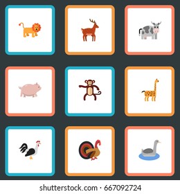 Flat Icons Swine, Camelopard, Waterbird And Other Vector Elements. Set Of Alive Flat Icons Symbols Also Includes Bird, Swine, Gobbler Objects.