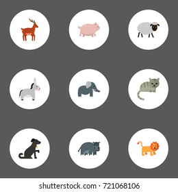 Flat Icons Swine, Hound, Moose And Other Vector Elements. Set Of Animal Flat Icons Symbols Also Includes Hippo, Horse, Mutton Objects.