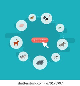 Flat Icons Swine, Kine, Mutton And Other Vector Elements. Set Of Zoology Flat Icons Symbols Also Includes Merinos, Pig, Moose Objects.